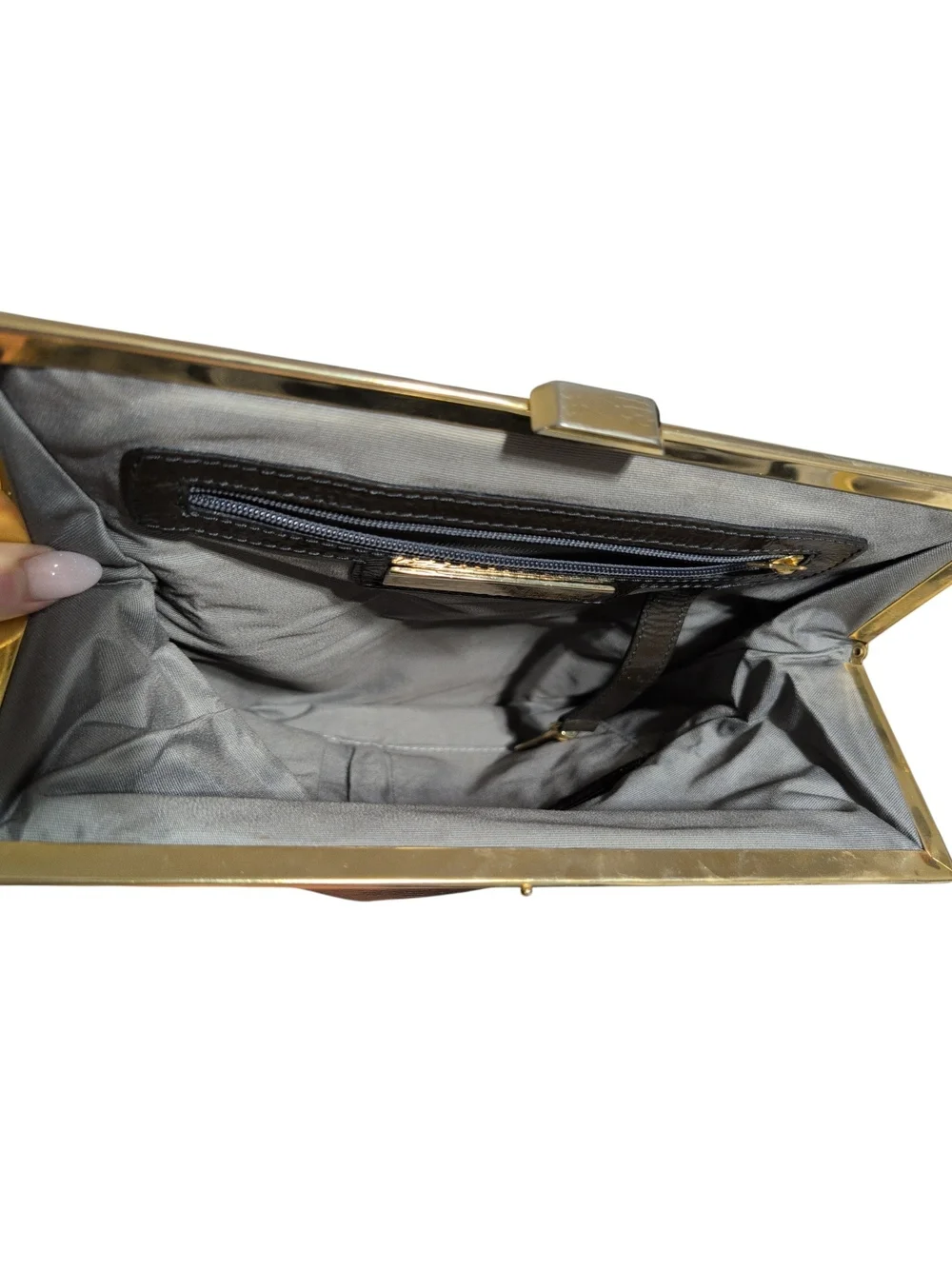 Vintage Goldenbleu Patent Fold-Over Clutch in Deep Brown with Gold Trim
